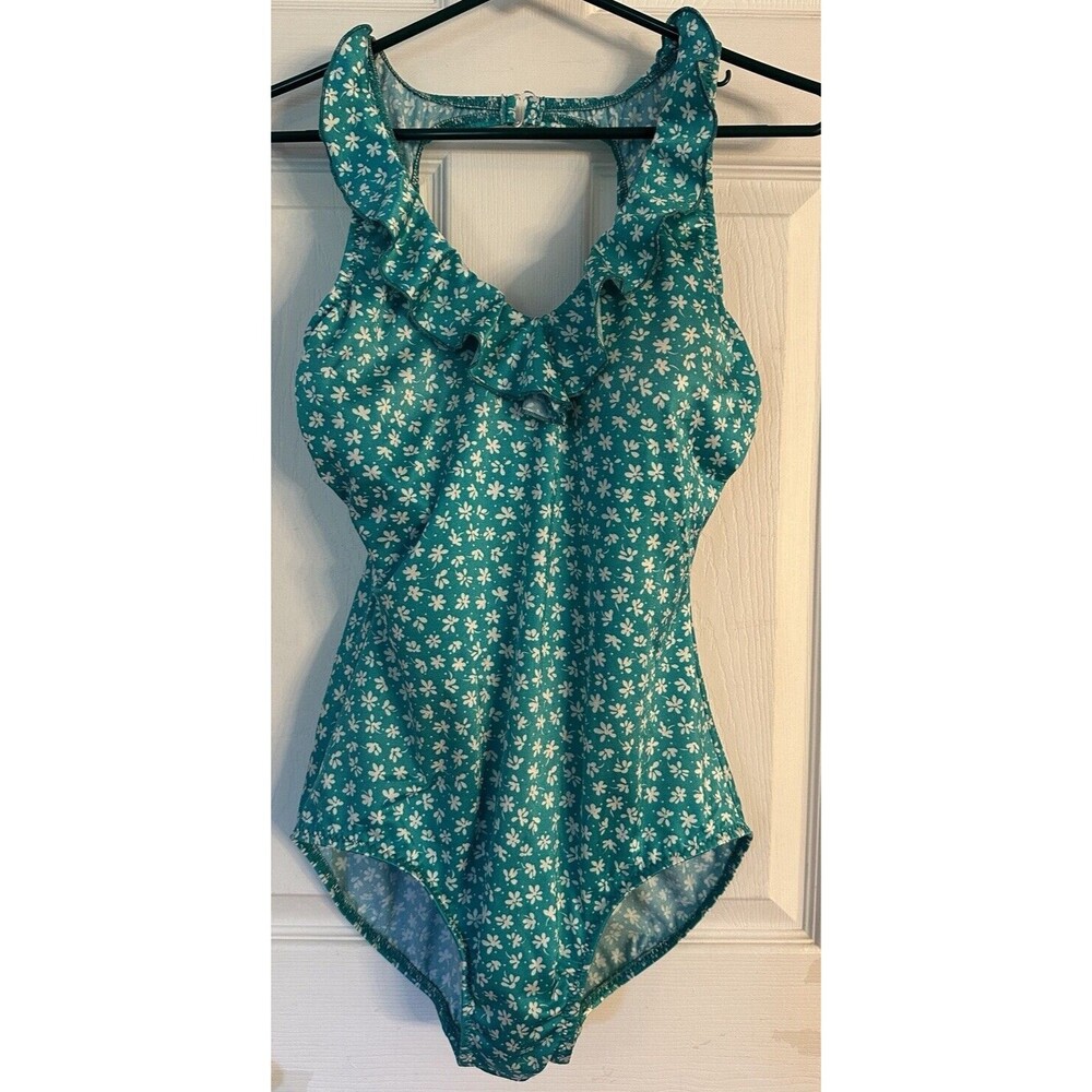 T.H.E Swimwear Women’s Swimsuit Size 14 C Cup, Teal Ruffle One Piece Daisy Print
